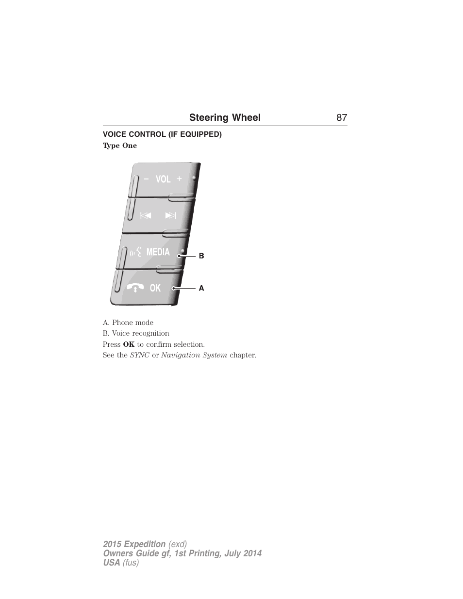 Voice control (if equipped), Steering wheel 87 | FORD 2015 Expedition User Manual | Page 88 / 564