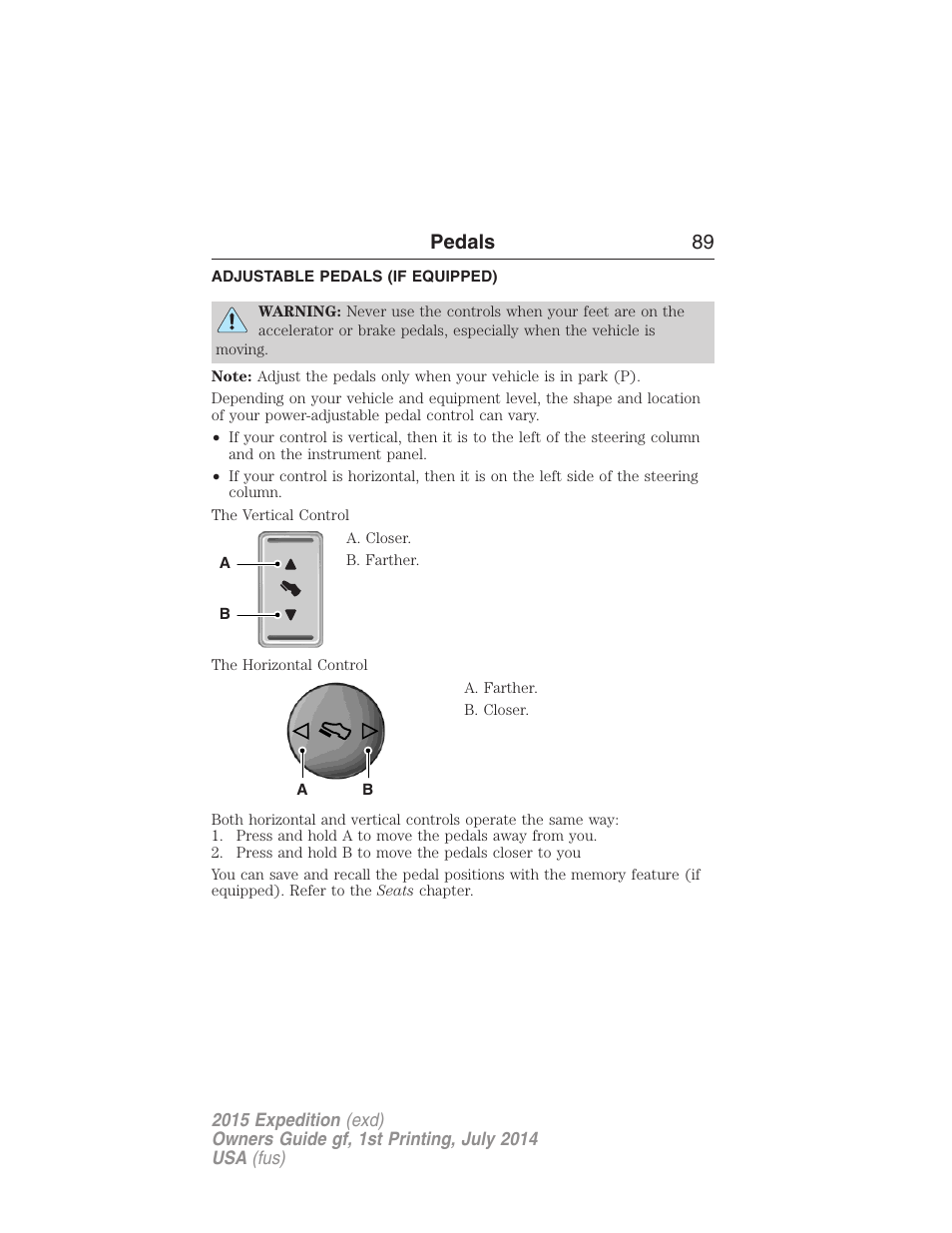 Pedals, Adjustable pedals (if equipped), Adjustable pedals | Pedals 89 | FORD 2015 Expedition User Manual | Page 90 / 564