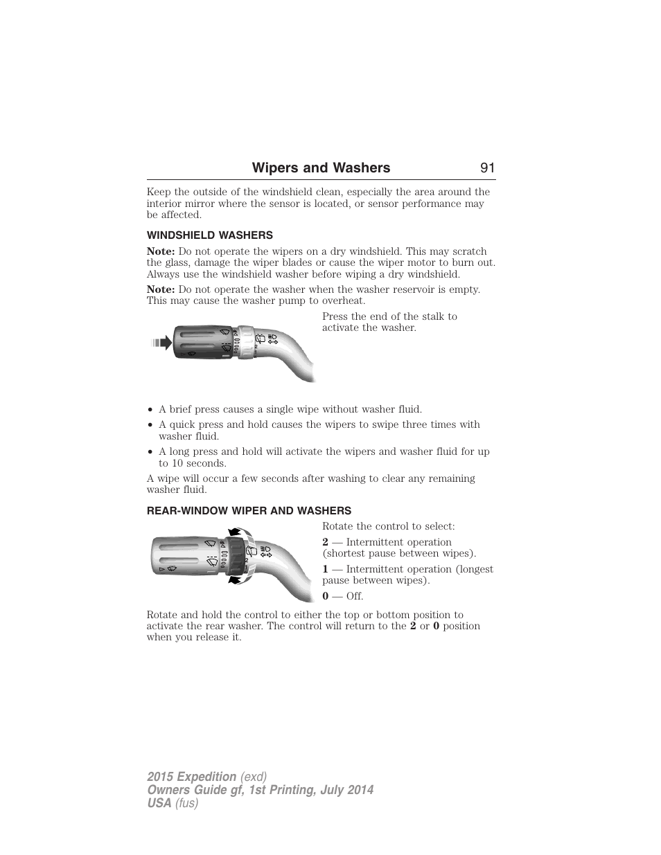 Windshield washers, Rear-window wiper and washers, Rear-window wiper and washer | Wipers and washers 91 | FORD 2015 Expedition User Manual | Page 92 / 564