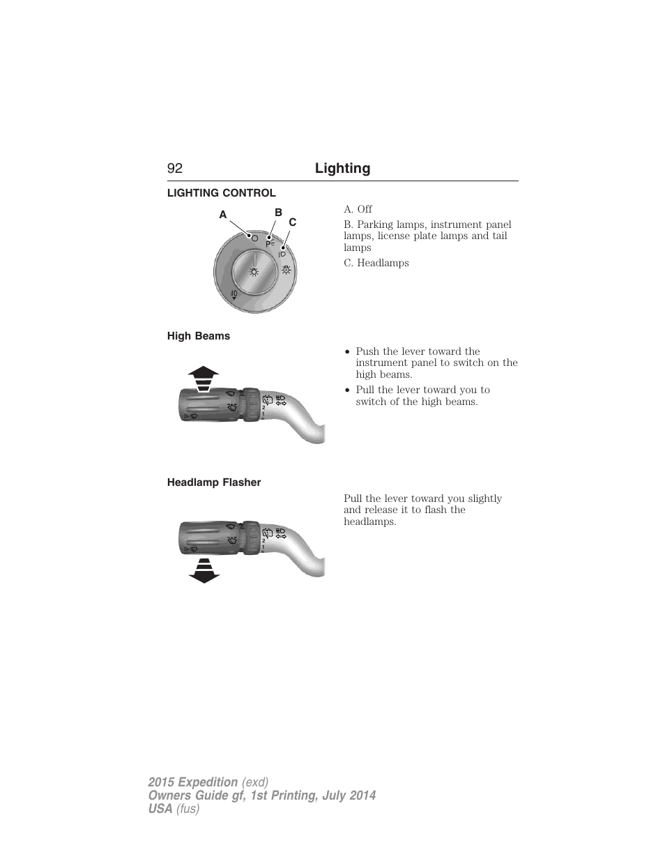 Lighting, Lighting control, High beams | Headlamp flasher, 92 lighting | FORD 2015 Expedition User Manual | Page 93 / 564