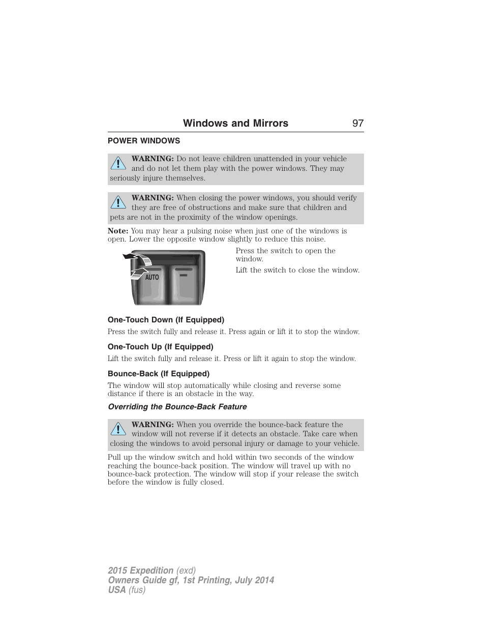 Windows and mirrors, Power windows, One-touch down (if equipped) | One-touch up (if equipped), Bounce-back (if equipped), Overriding the bounce-back feature, Windows and mirrors 97 | FORD 2015 Expedition User Manual | Page 98 / 564