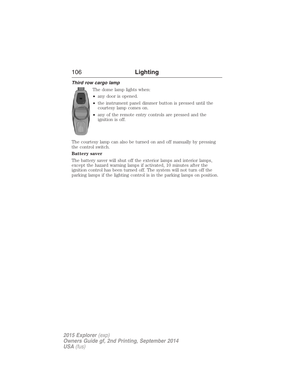 Third row cargo lamp, 106 lighting | FORD 2015 Explorer User Manual | Page 107 / 596