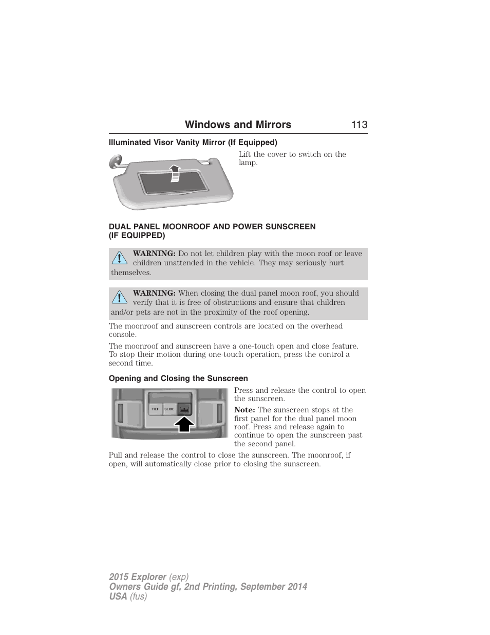 Illuminated visor vanity mirror (if equipped), Opening and closing the sunscreen, Moonroof | Windows and mirrors 113 | FORD 2015 Explorer User Manual | Page 114 / 596