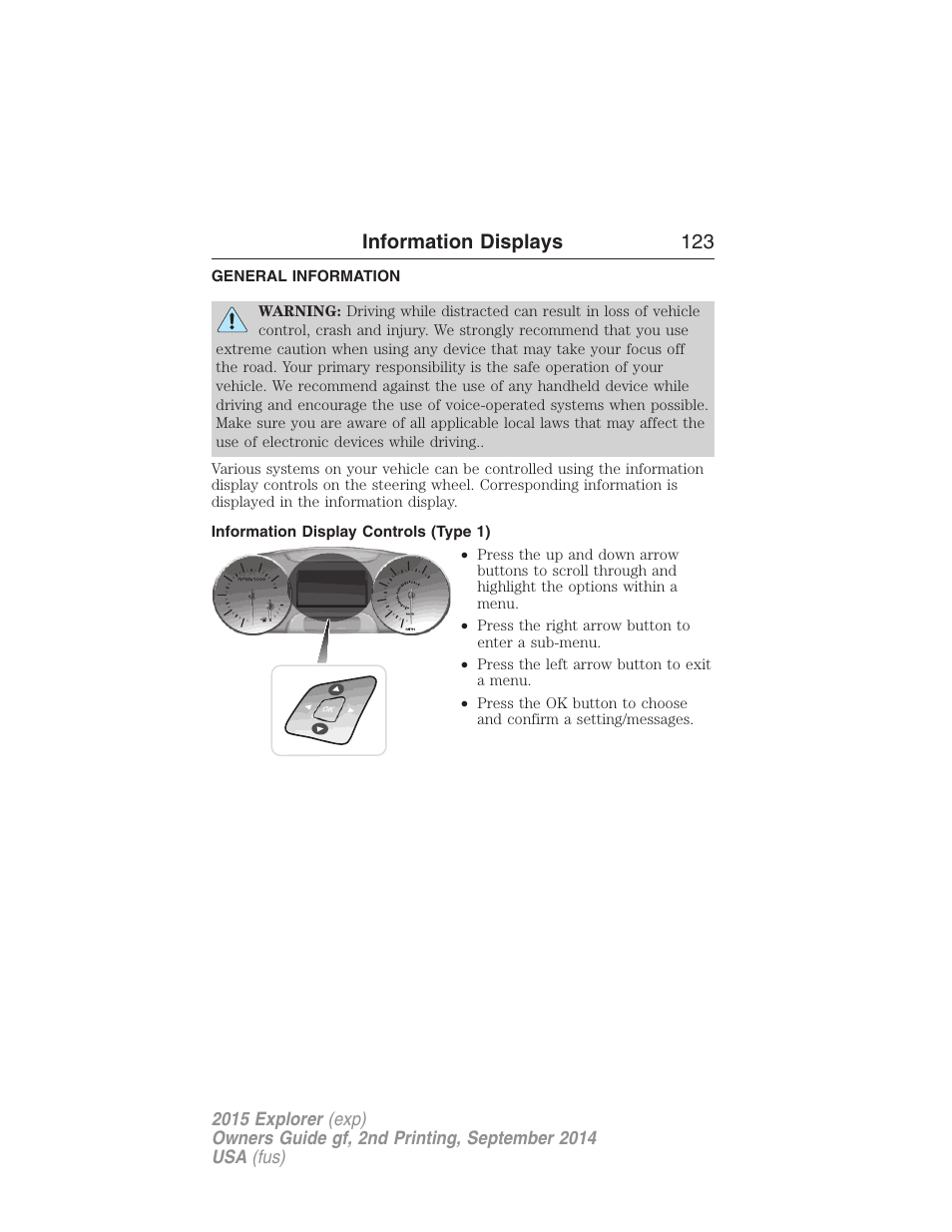 Information displays, General information, Information display controls (type 1) | Controls, Information displays 123 | FORD 2015 Explorer User Manual | Page 124 / 596