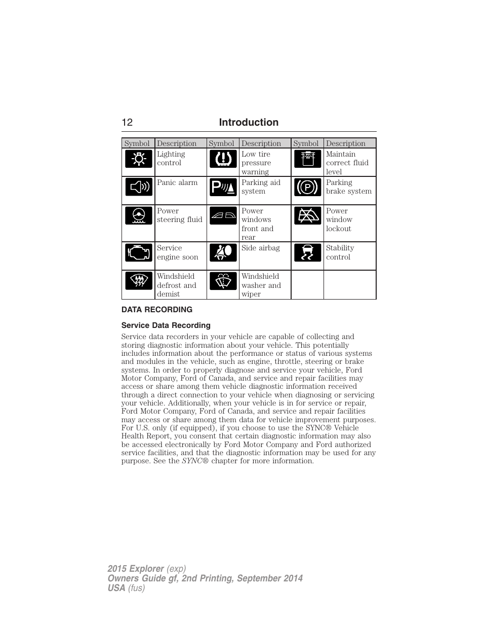 Data recording, Service data recording, 12 introduction | FORD 2015 Explorer User Manual | Page 13 / 596