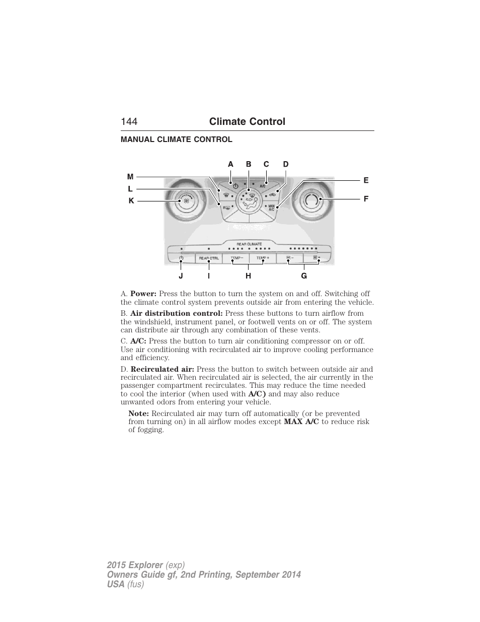 Climate control, Manual climate control, Manual heating and air conditioning | 144 climate control | FORD 2015 Explorer User Manual | Page 145 / 596