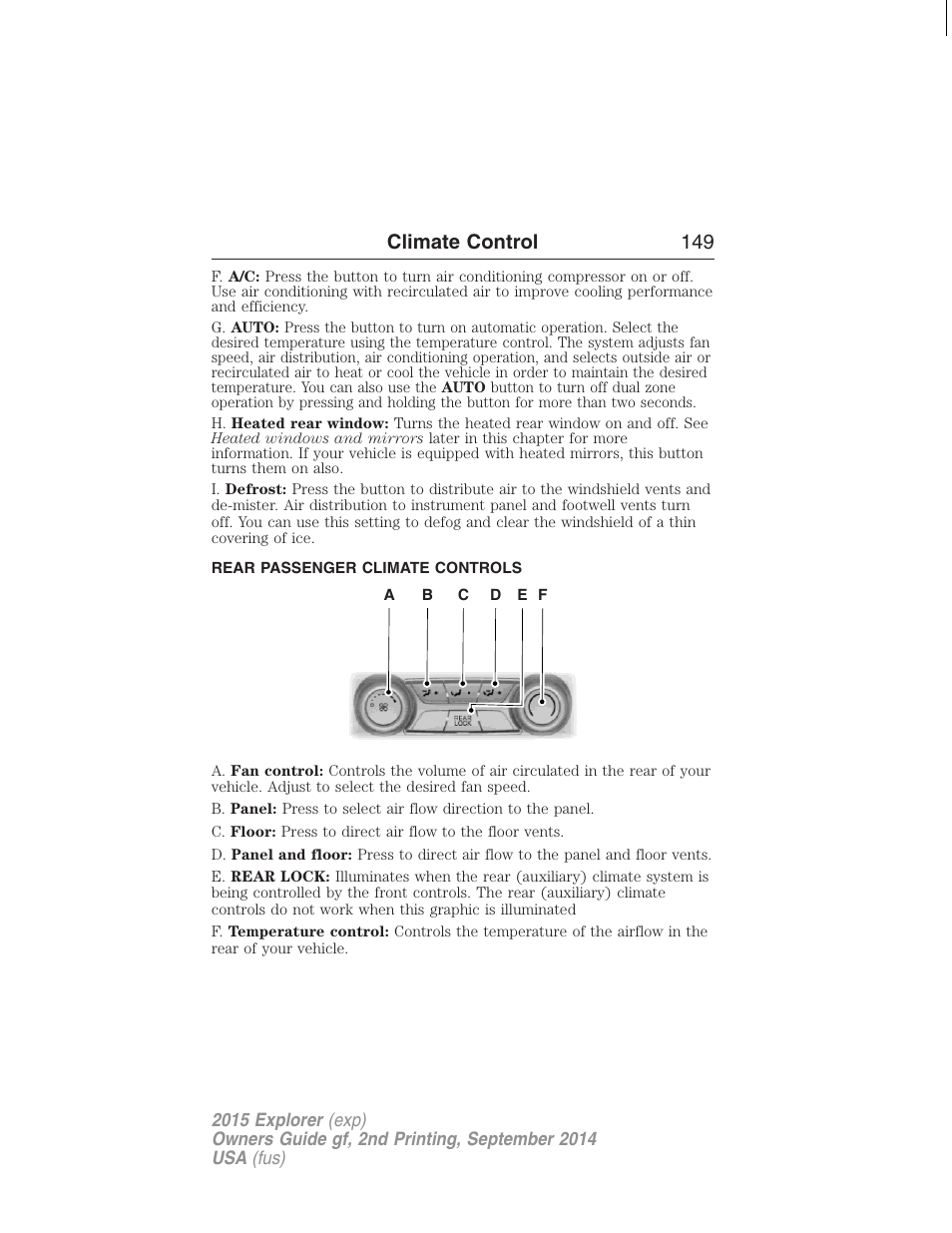 Rear passenger climate controls, Climate control 149 | FORD 2015 Explorer User Manual | Page 150 / 596