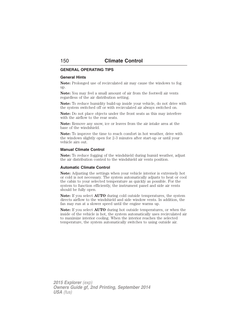 General operating tips, General hints, Manual climate control | Automatic climate control, 150 climate control | FORD 2015 Explorer User Manual | Page 151 / 596