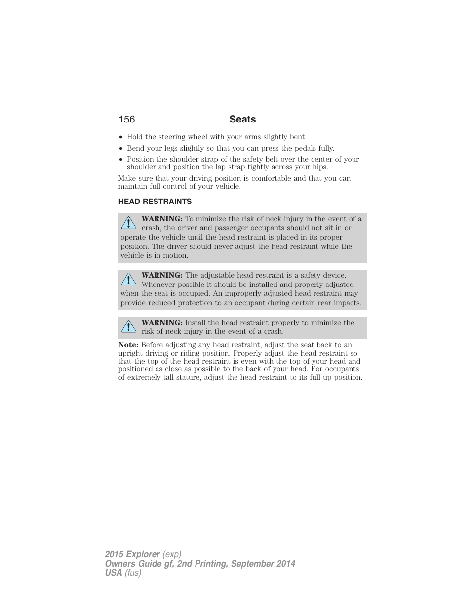 Head restraints, 156 seats | FORD 2015 Explorer User Manual | Page 157 / 596