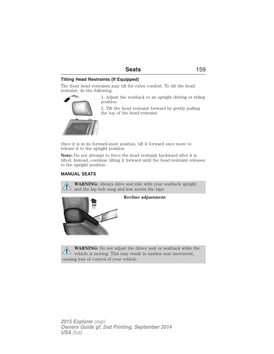 Tilting head restraints (if equipped), Manual seats, Seats 159 | FORD 2015 Explorer User Manual | Page 160 / 596