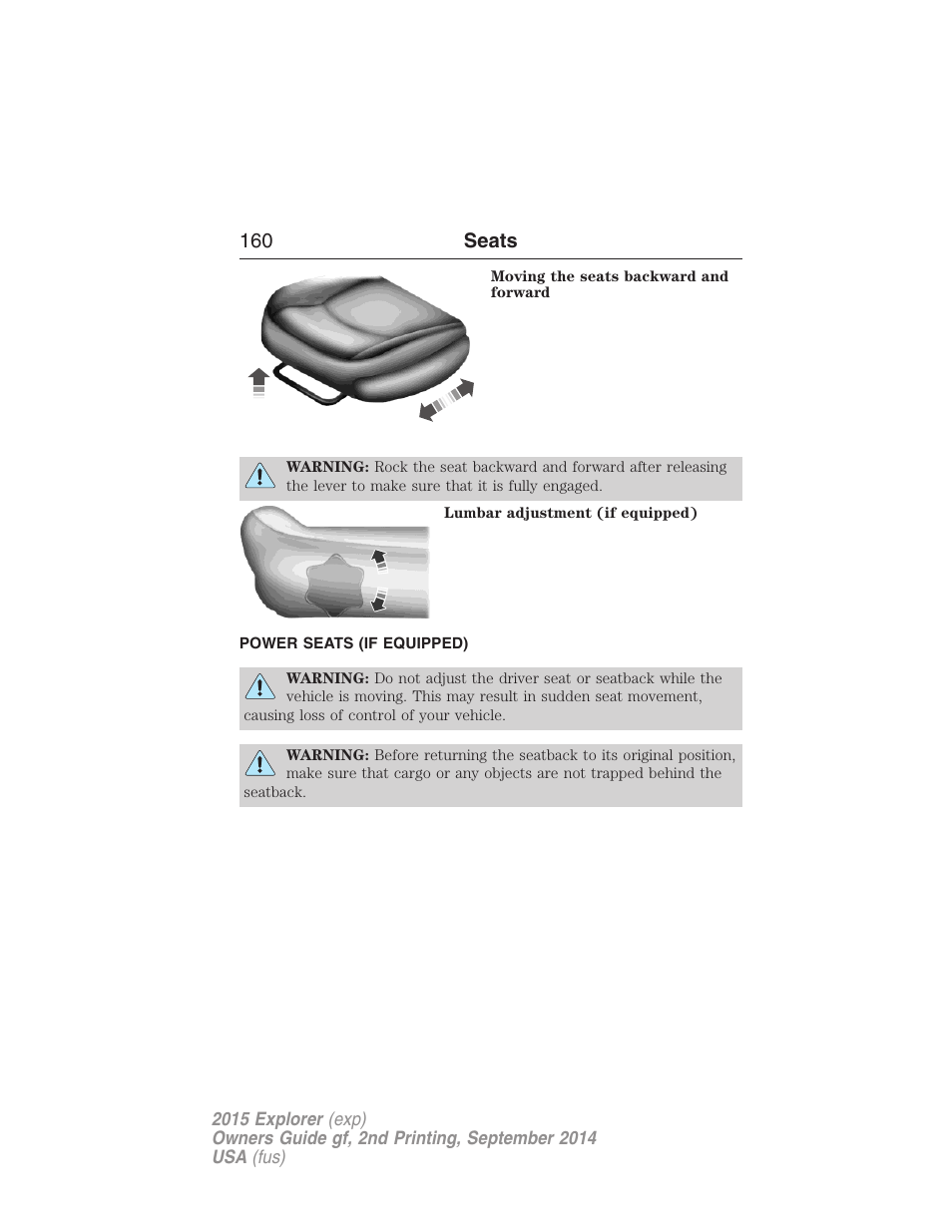 Power seats (if equipped), Power seats, 160 seats | FORD 2015 Explorer User Manual | Page 161 / 596