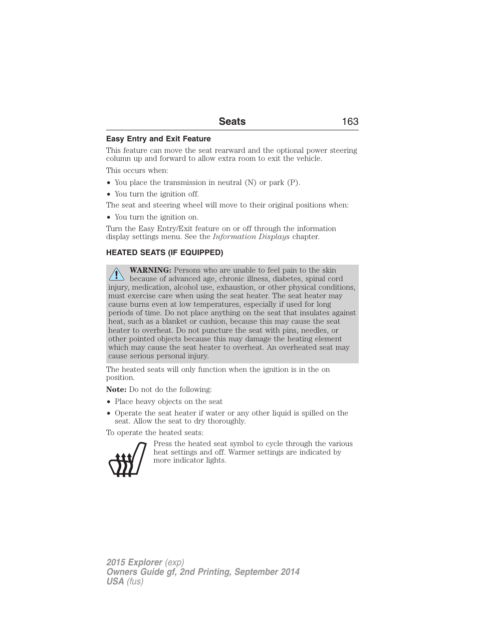 Easy entry and exit feature, Heated seats (if equipped), Heated seats | Seats 163 | FORD 2015 Explorer User Manual | Page 164 / 596