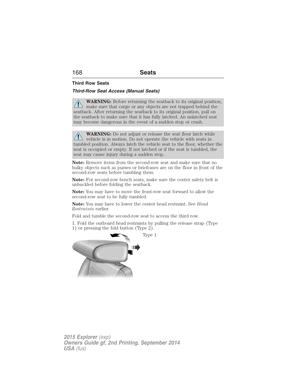 Third row seats, Third-row seat access (manual seats), 168 seats | FORD 2015 Explorer User Manual | Page 169 / 596