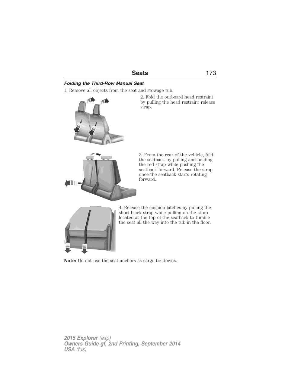 Folding the third-row manual seat, Seats 173 | FORD 2015 Explorer User Manual | Page 174 / 596