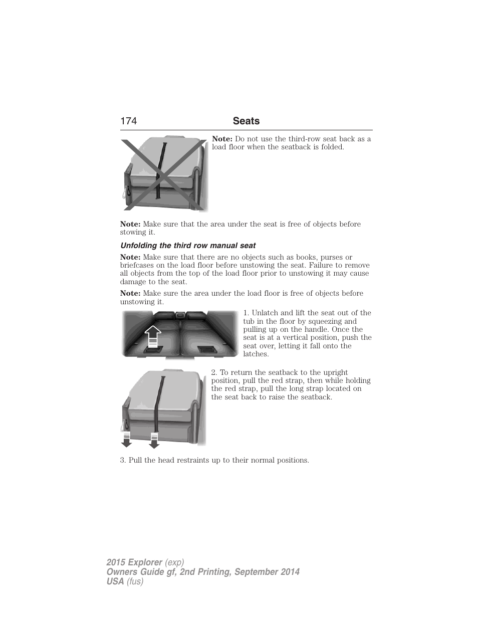 Unfolding the third row manual seat, 174 seats | FORD 2015 Explorer User Manual | Page 175 / 596