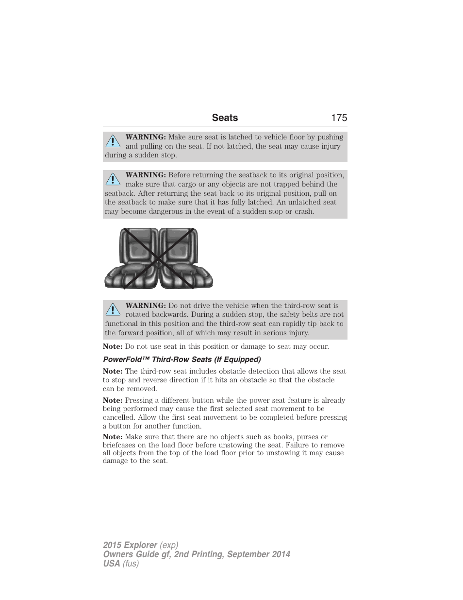 Powerfold™ third-row seats (if equipped), Seats 175 | FORD 2015 Explorer User Manual | Page 176 / 596