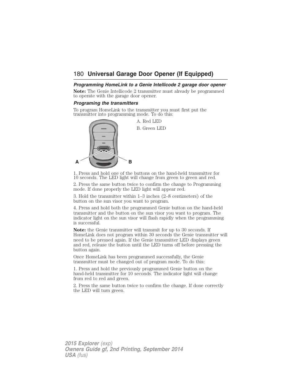 Programing the transmitters, 180 universal garage door opener (if equipped) | FORD 2015 Explorer User Manual | Page 181 / 596