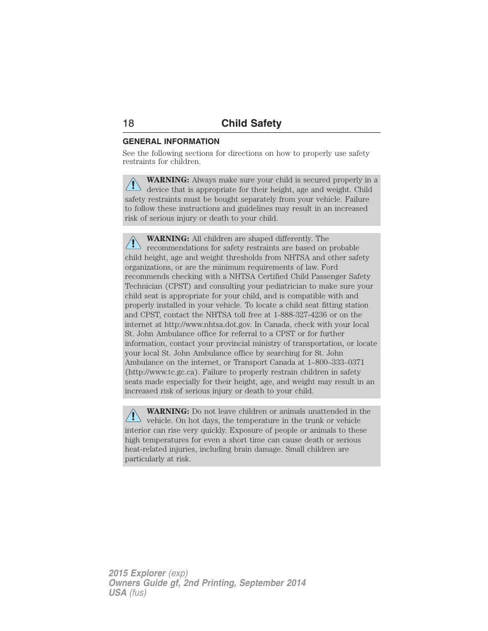 Child safety, General information, 18 child safety | FORD 2015 Explorer User Manual | Page 19 / 596