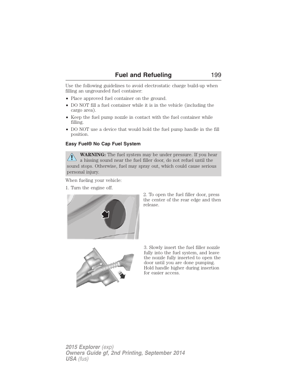 Easy fuel® no cap fuel system, Fuel and refueling 199 | FORD 2015 Explorer User Manual | Page 200 / 596