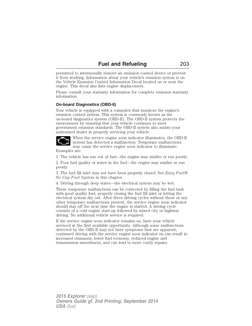 On-board diagnostics (obd-ii), Fuel and refueling 203 | FORD 2015 Explorer User Manual | Page 204 / 596