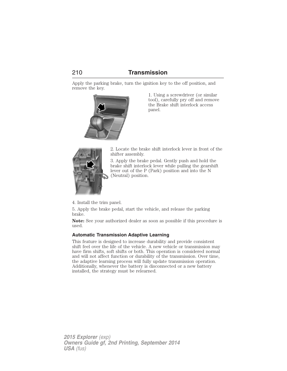 Automatic transmission adaptive learning, 210 transmission | FORD 2015 Explorer User Manual | Page 211 / 596