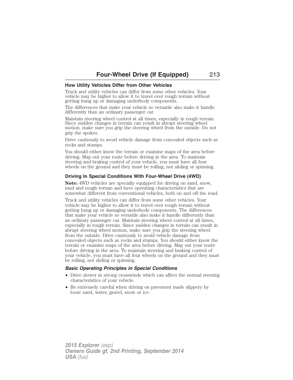 How utility vehicles differ from other vehicles, Basic operating principles in special conditions, Four-wheel drive (if equipped) 213 | FORD 2015 Explorer User Manual | Page 214 / 596