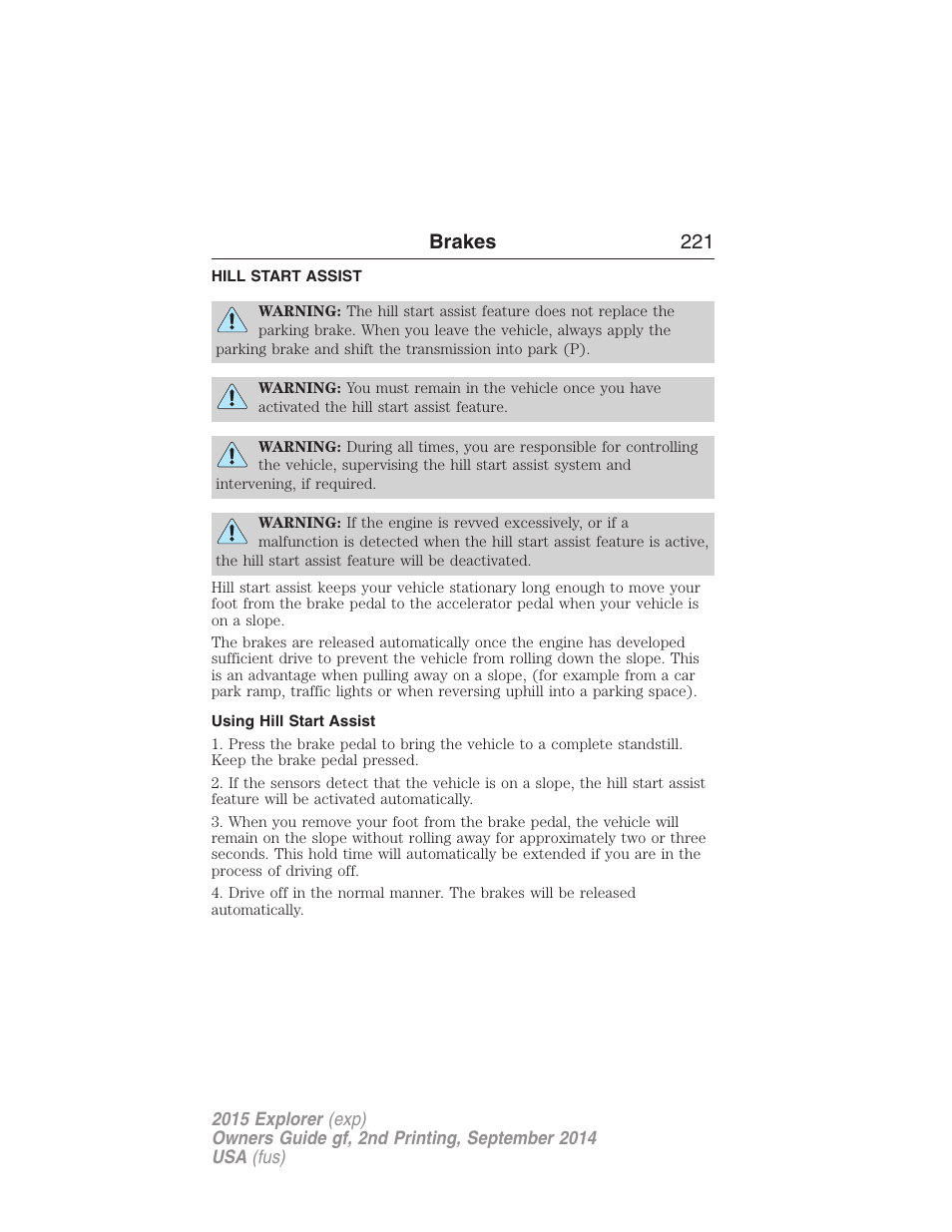 Hill start assist, Using hill start assist, Brakes 221 | FORD 2015 Explorer User Manual | Page 222 / 596