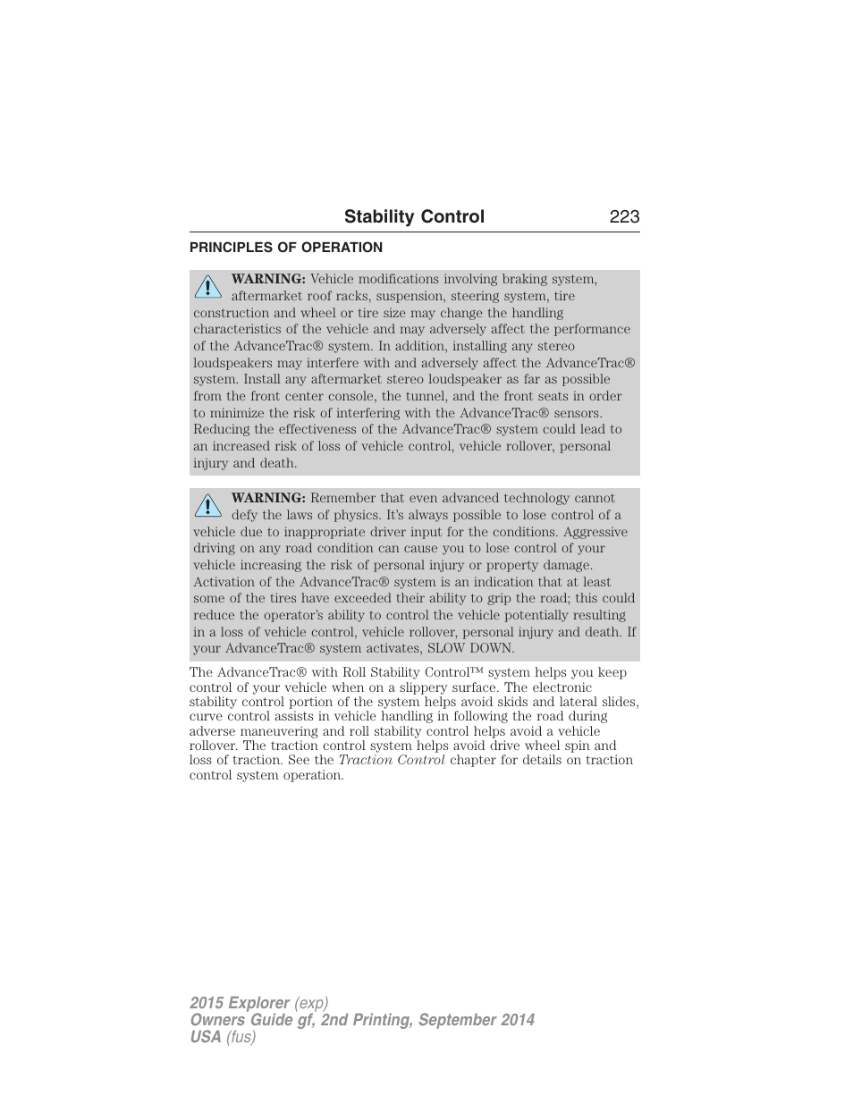 Stability control, Principles of operation, Advancetrac | Stability control 223 | FORD 2015 Explorer User Manual | Page 224 / 596