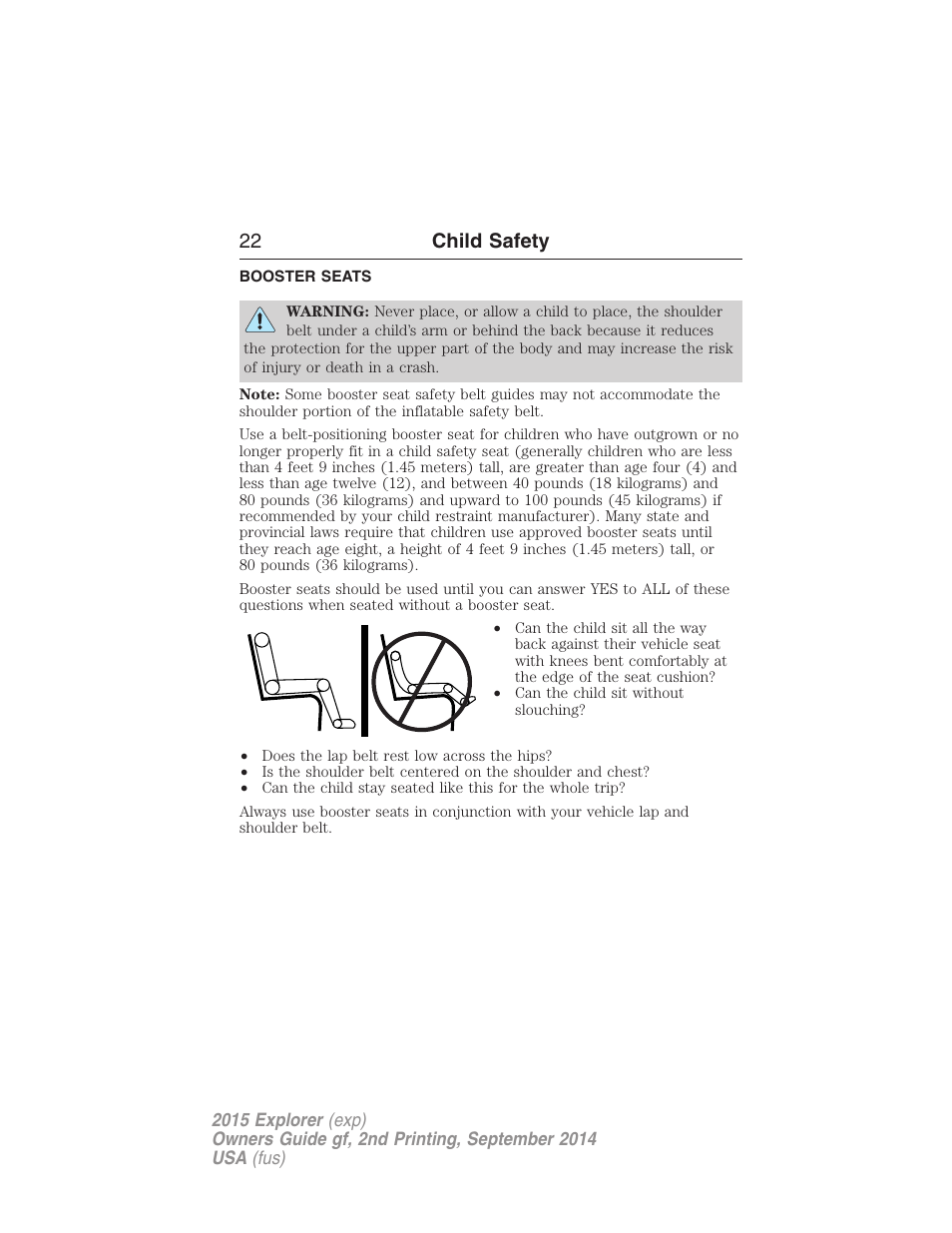 Booster seats, 22 child safety | FORD 2015 Explorer User Manual | Page 23 / 596