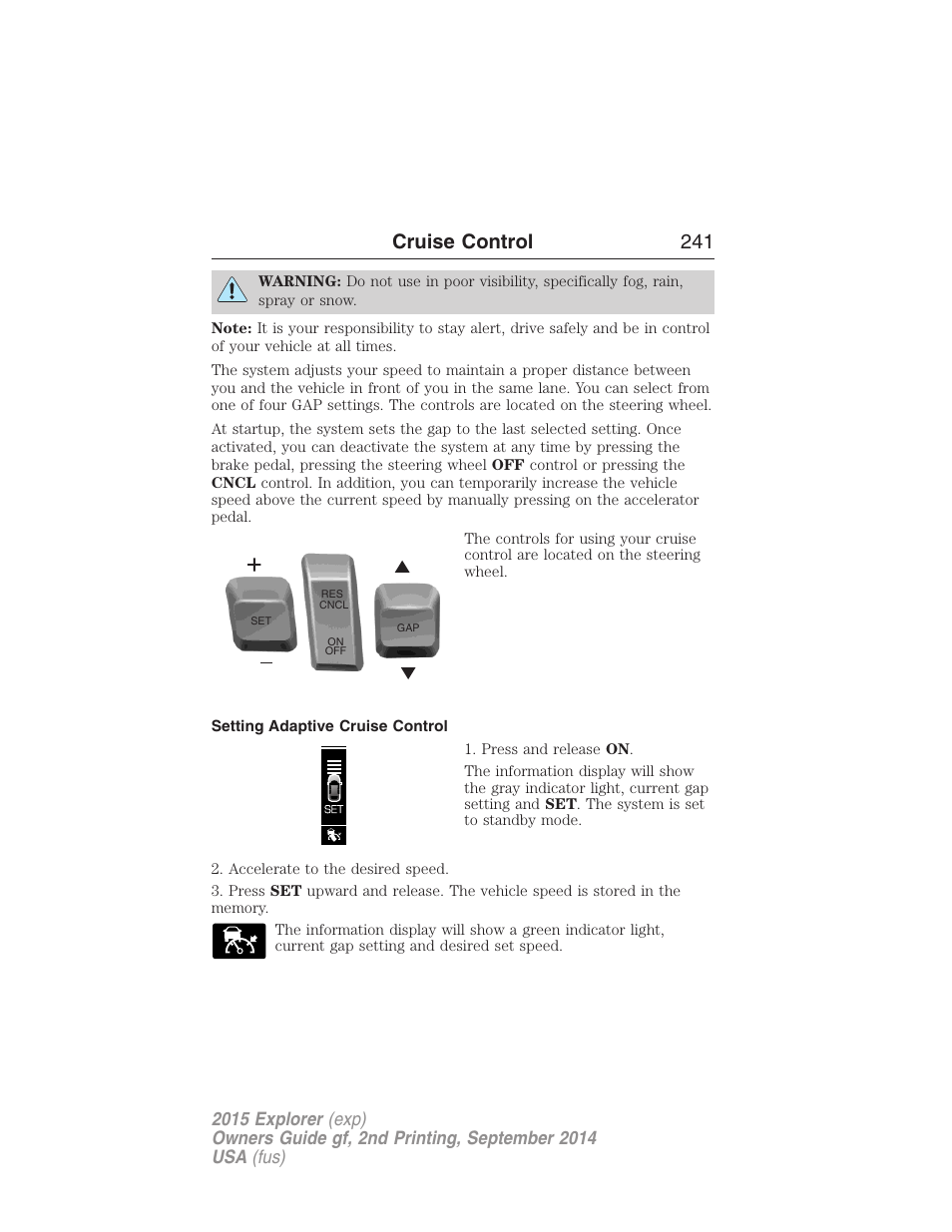 Setting adaptive cruise control, Cruise control 241 | FORD 2015 Explorer User Manual | Page 242 / 596