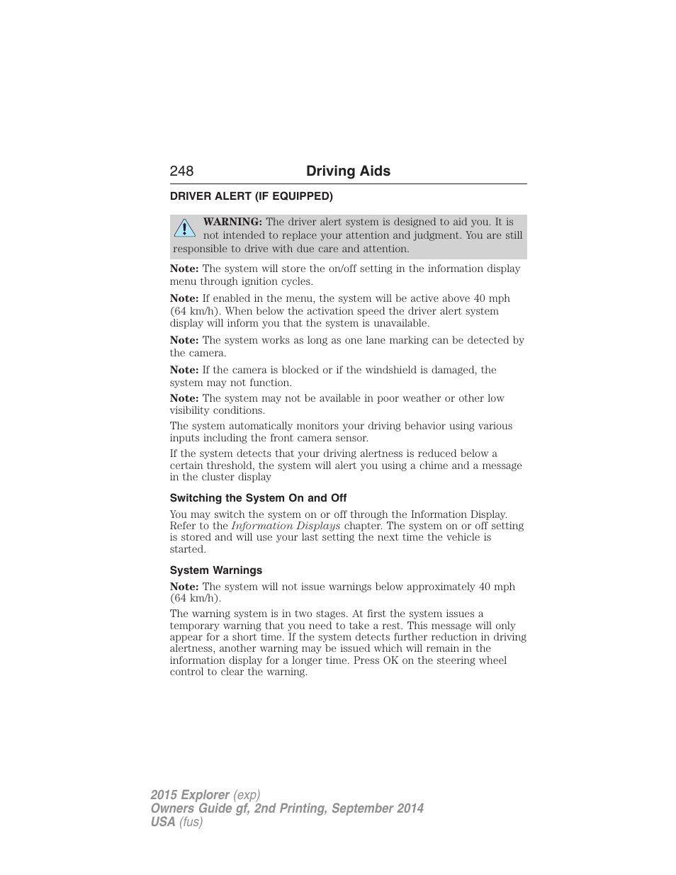 Driving aids, Driver alert (if equipped), Switching the system on and off | System warnings, Driver alert, 248 driving aids | FORD 2015 Explorer User Manual | Page 249 / 596