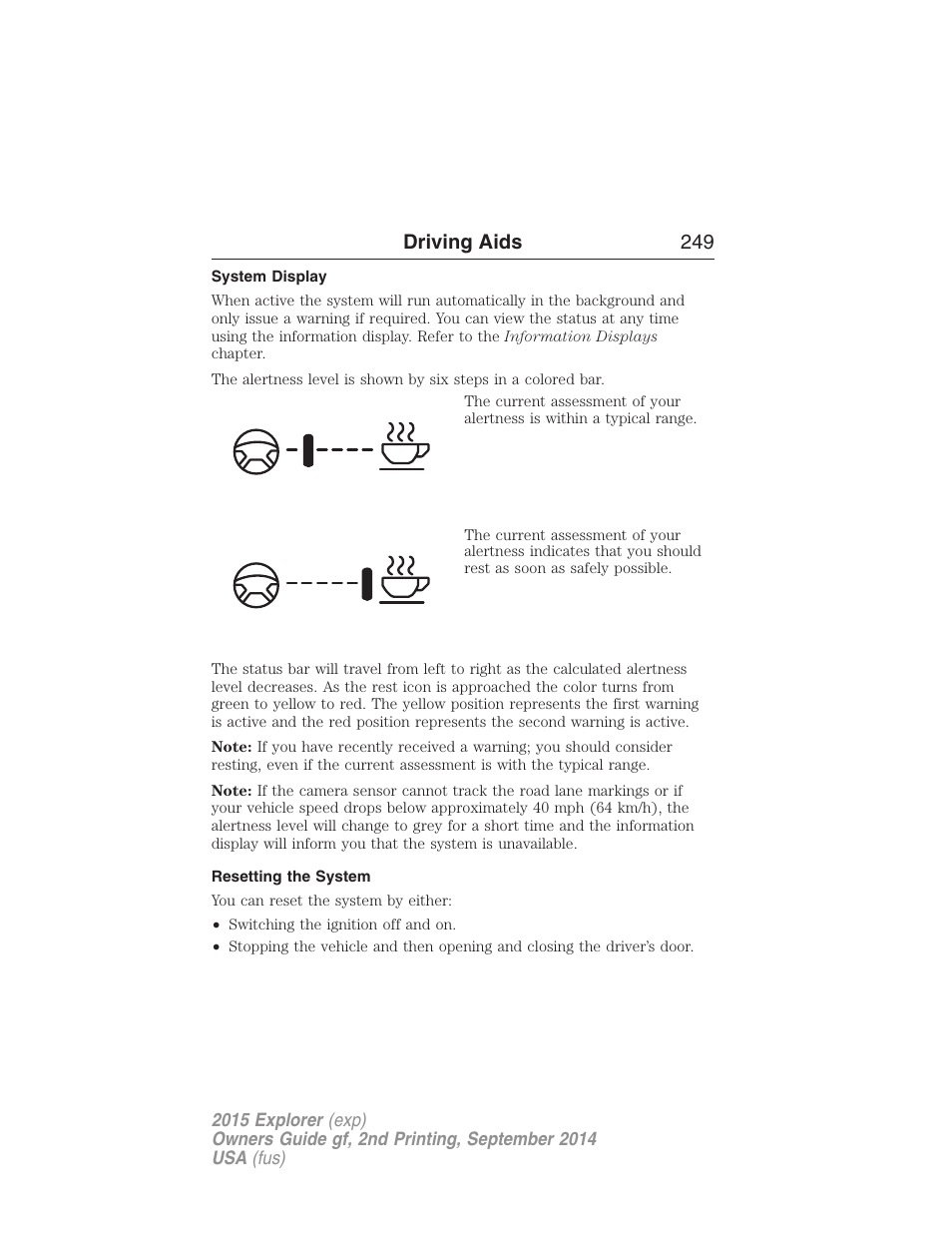 System display, Resetting the system, Driving aids 249 | FORD 2015 Explorer User Manual | Page 250 / 596