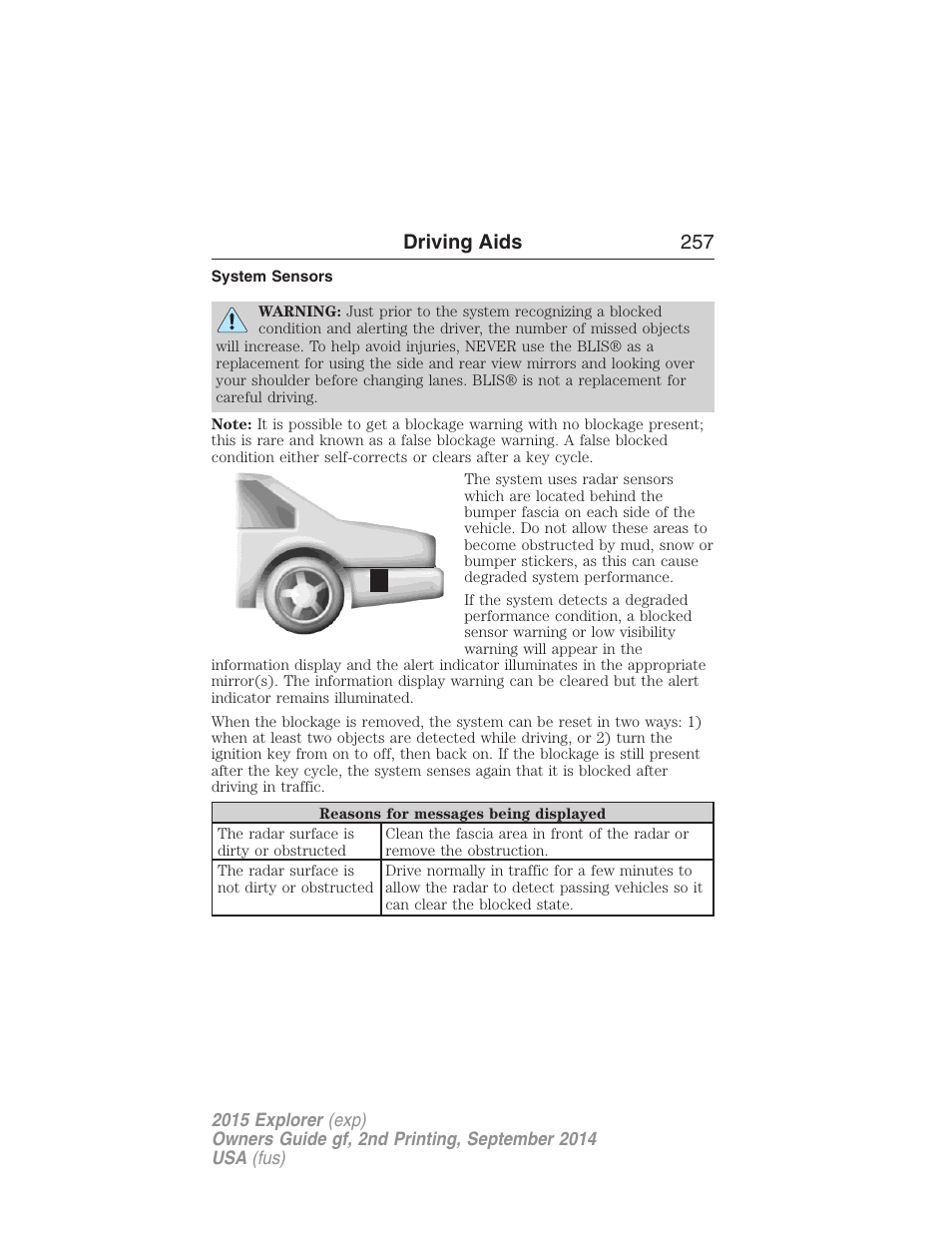 System sensors, Driving aids 257 | FORD 2015 Explorer User Manual | Page 258 / 596