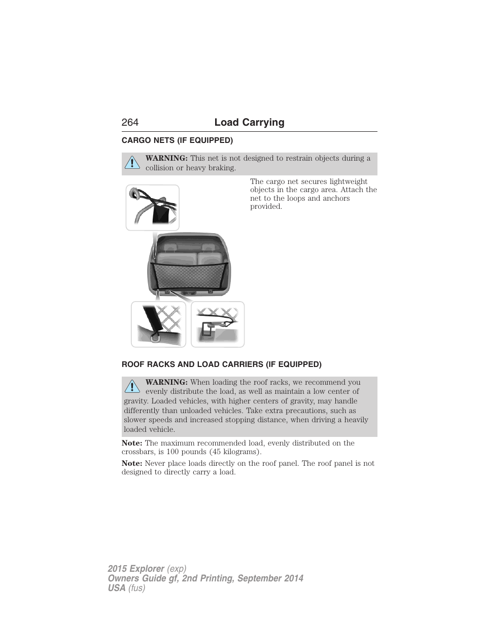 Load carrying, Cargo nets (if equipped), Roof racks and load carriers (if equipped) | Cargo net, Roof racks and load carriers, 264 load carrying | FORD 2015 Explorer User Manual | Page 265 / 596