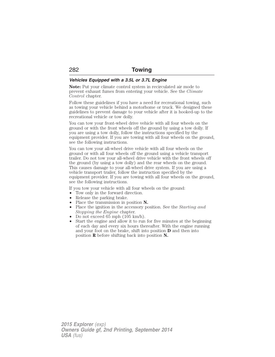 Vehicles equipped with a 3.5l or 3.7l engine, 282 towing | FORD 2015 Explorer User Manual | Page 283 / 596