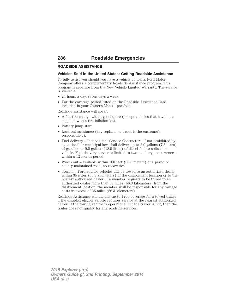 Roadside emergencies, Roadside assistance, Getting roadside assistance | 286 roadside emergencies | FORD 2015 Explorer User Manual | Page 287 / 596