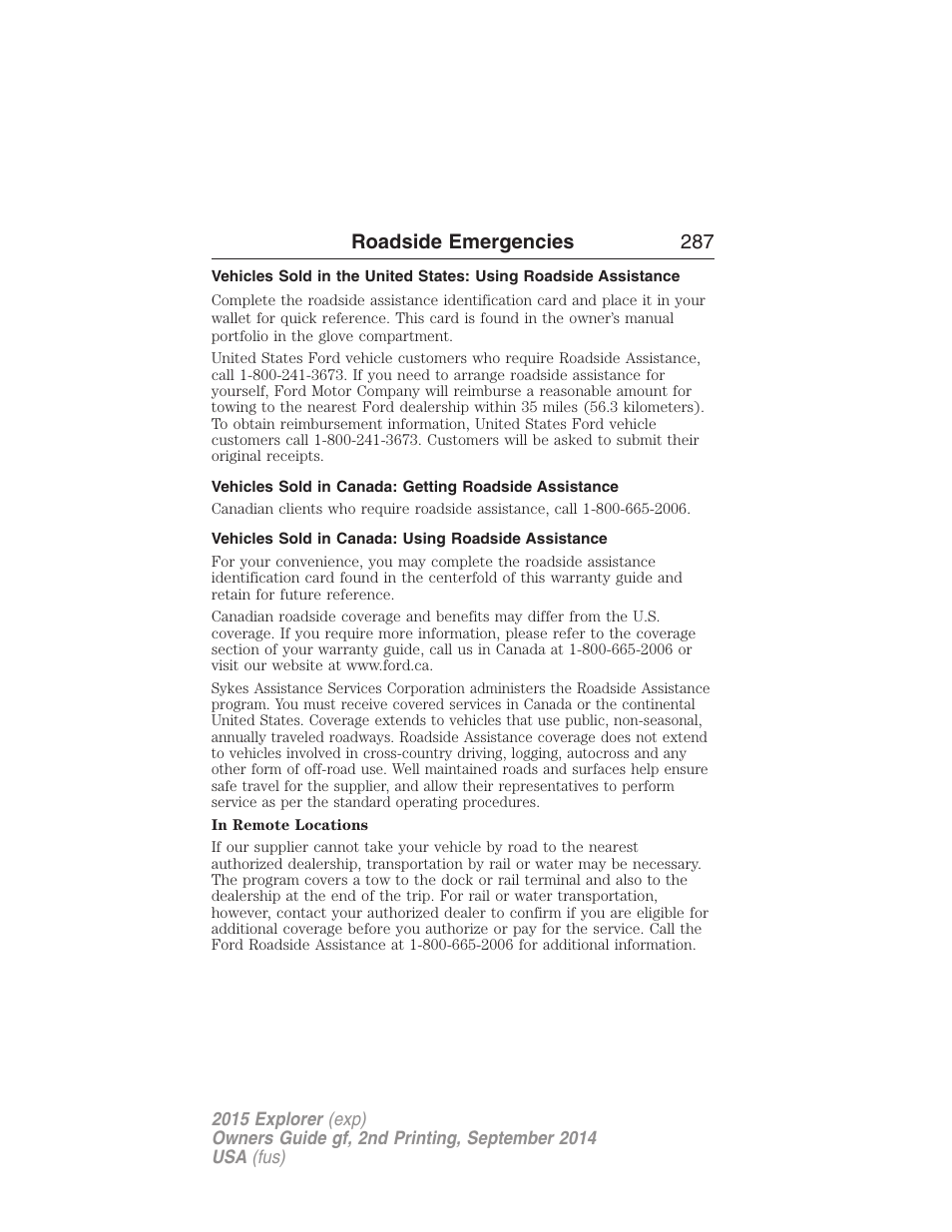 Vehicles sold in canada: using roadside assistance, Roadside emergencies 287 | FORD 2015 Explorer User Manual | Page 288 / 596