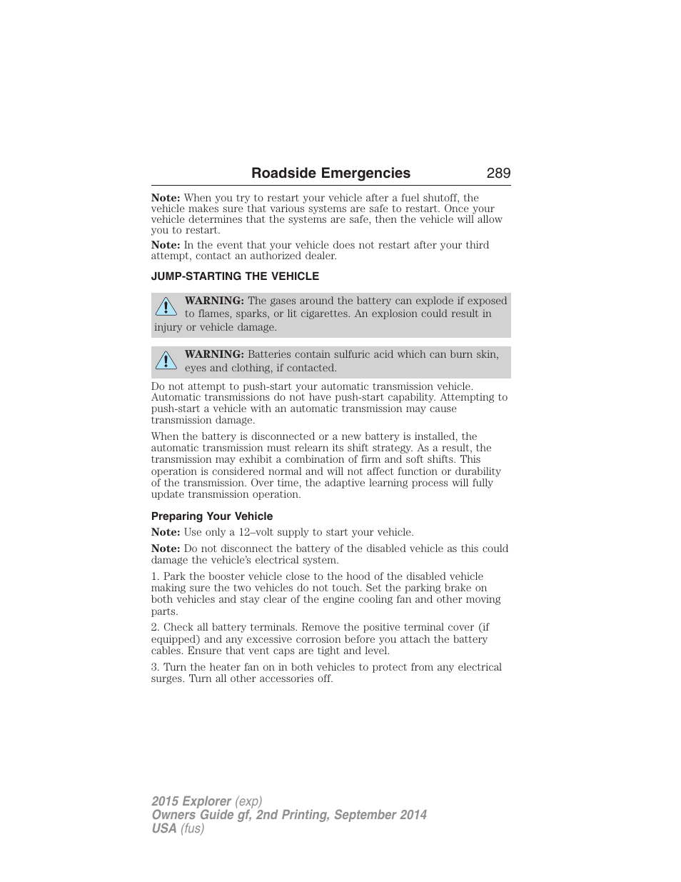 Jump-starting the vehicle, Preparing your vehicle, Roadside emergencies 289 | FORD 2015 Explorer User Manual | Page 290 / 596