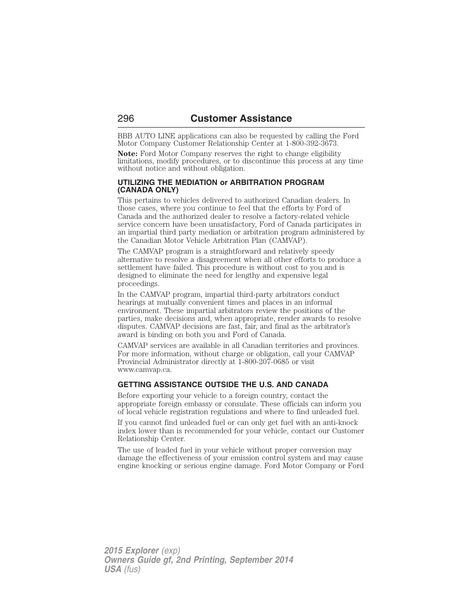 Getting assistance outside the u.s. and canada, 296 customer assistance | FORD 2015 Explorer User Manual | Page 297 / 596