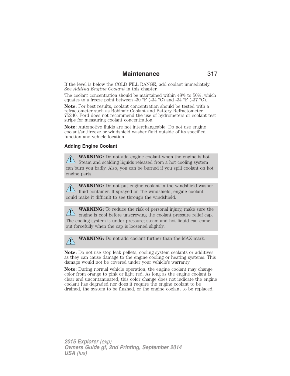 Adding engine coolant, Maintenance 317 | FORD 2015 Explorer User Manual | Page 318 / 596