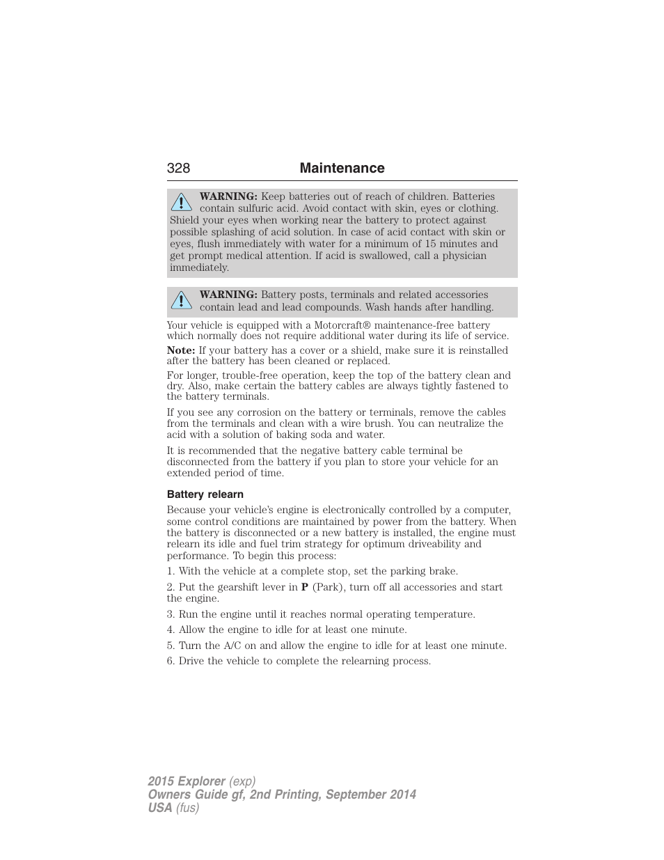 Battery relearn, 328 maintenance | FORD 2015 Explorer User Manual | Page 329 / 596