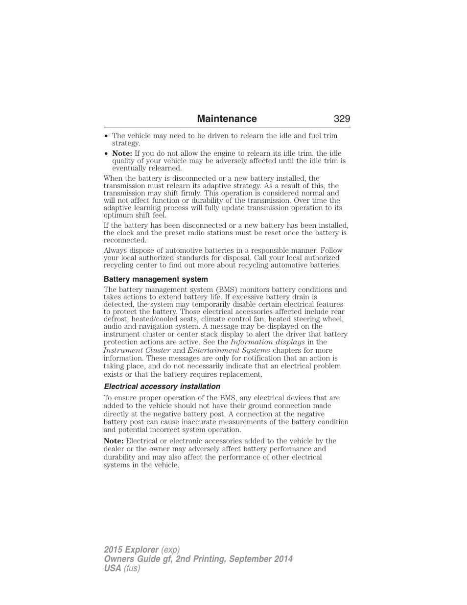 Battery management system, Electrical accessory installation, Maintenance 329 | FORD 2015 Explorer User Manual | Page 330 / 596