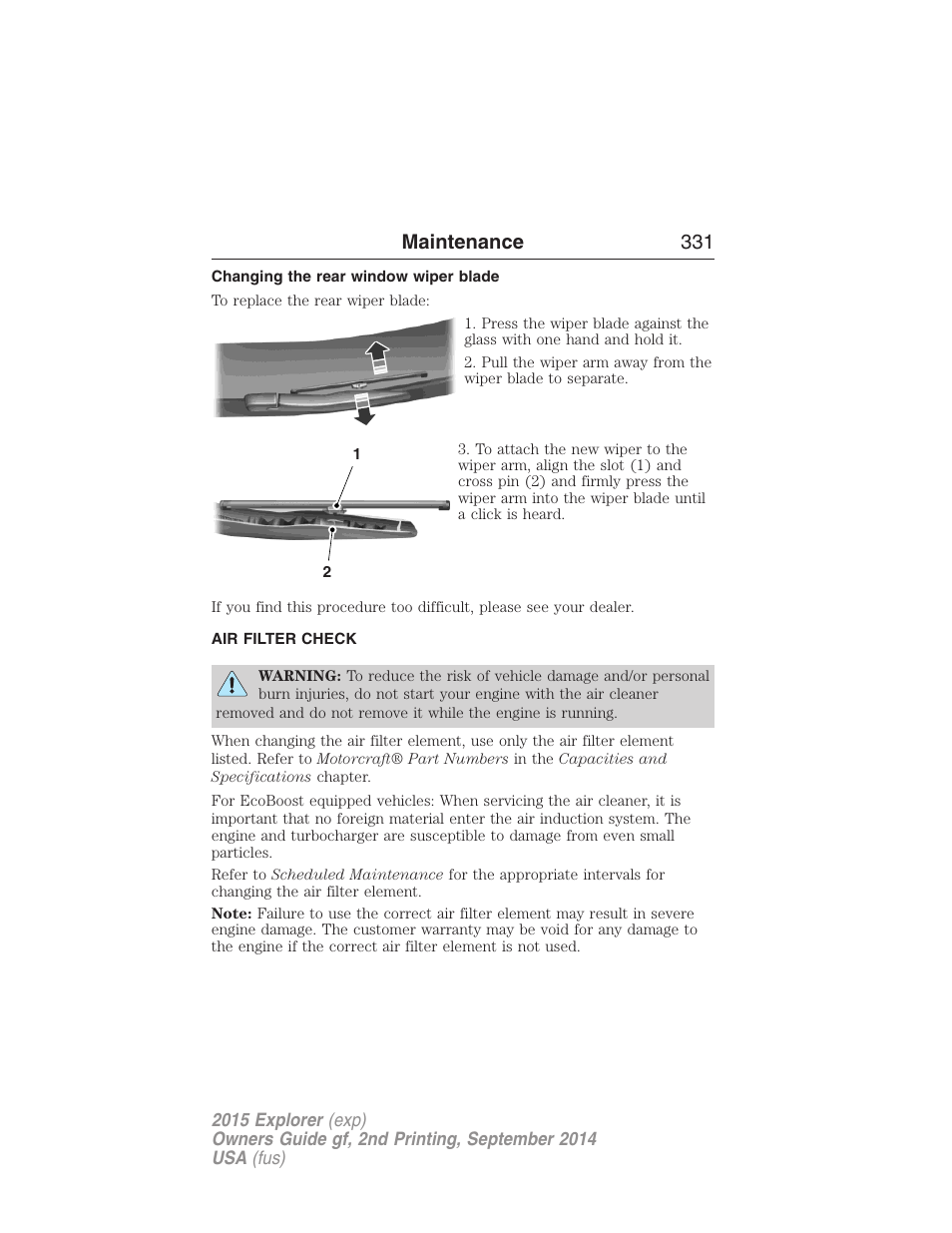 Changing the rear window wiper blade, Air filter check, Air filter(s) | Maintenance 331 | FORD 2015 Explorer User Manual | Page 332 / 596