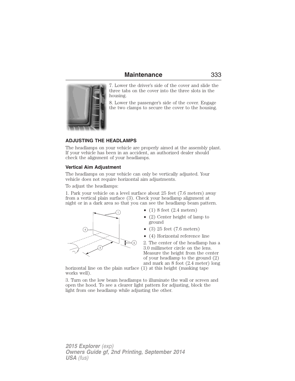 Adjusting the headlamps, Vertical aim adjustment, Maintenance 333 | FORD 2015 Explorer User Manual | Page 334 / 596