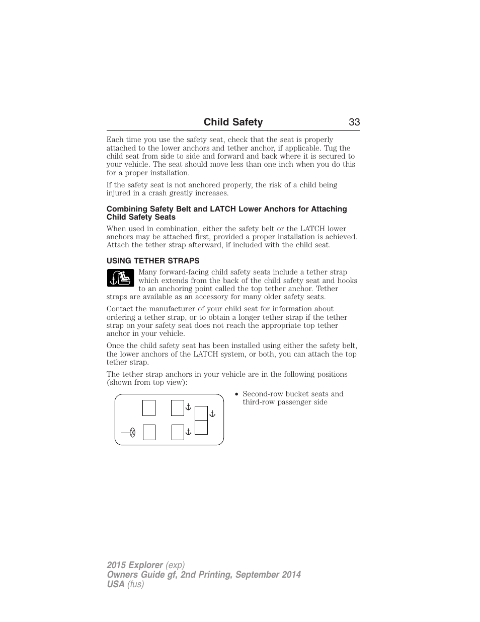 Using tether straps, Child safety 33 | FORD 2015 Explorer User Manual | Page 34 / 596