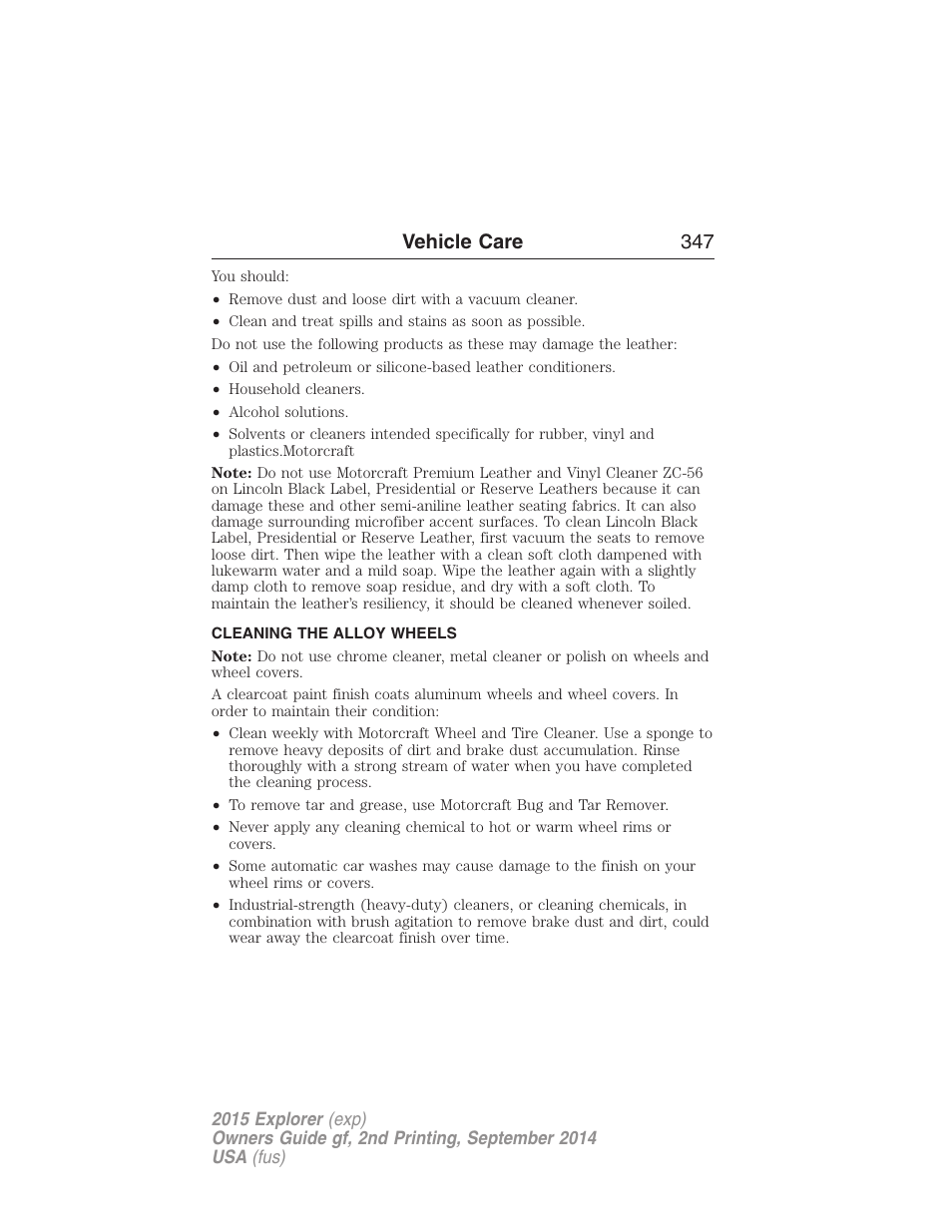 Cleaning the alloy wheels, Vehicle care 347 | FORD 2015 Explorer User Manual | Page 348 / 596