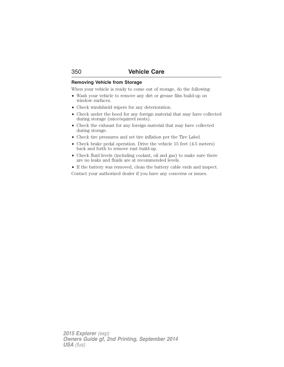 Removing vehicle from storage, 350 vehicle care | FORD 2015 Explorer User Manual | Page 351 / 596