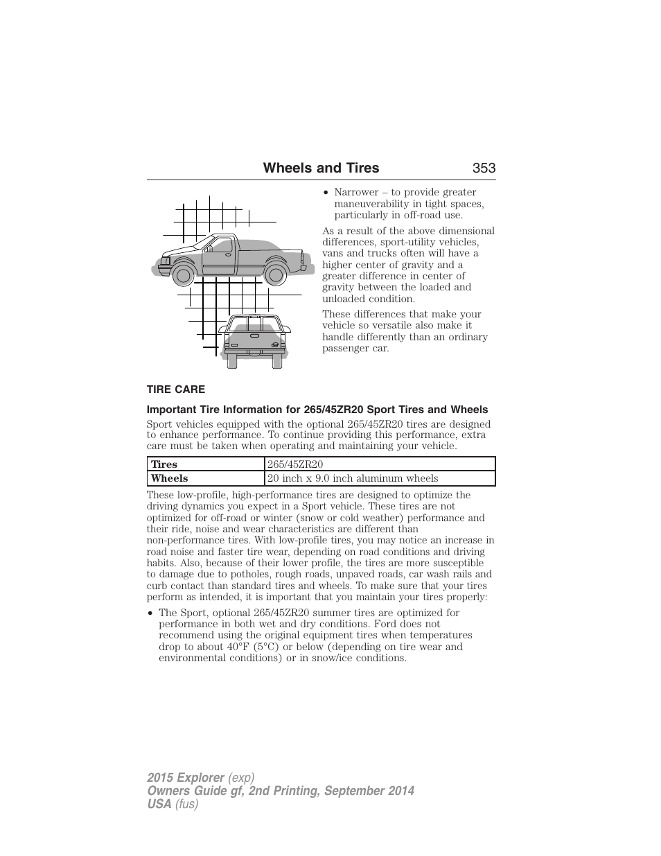 Tire care, Wheels and tires 353 | FORD 2015 Explorer User Manual | Page 354 / 596