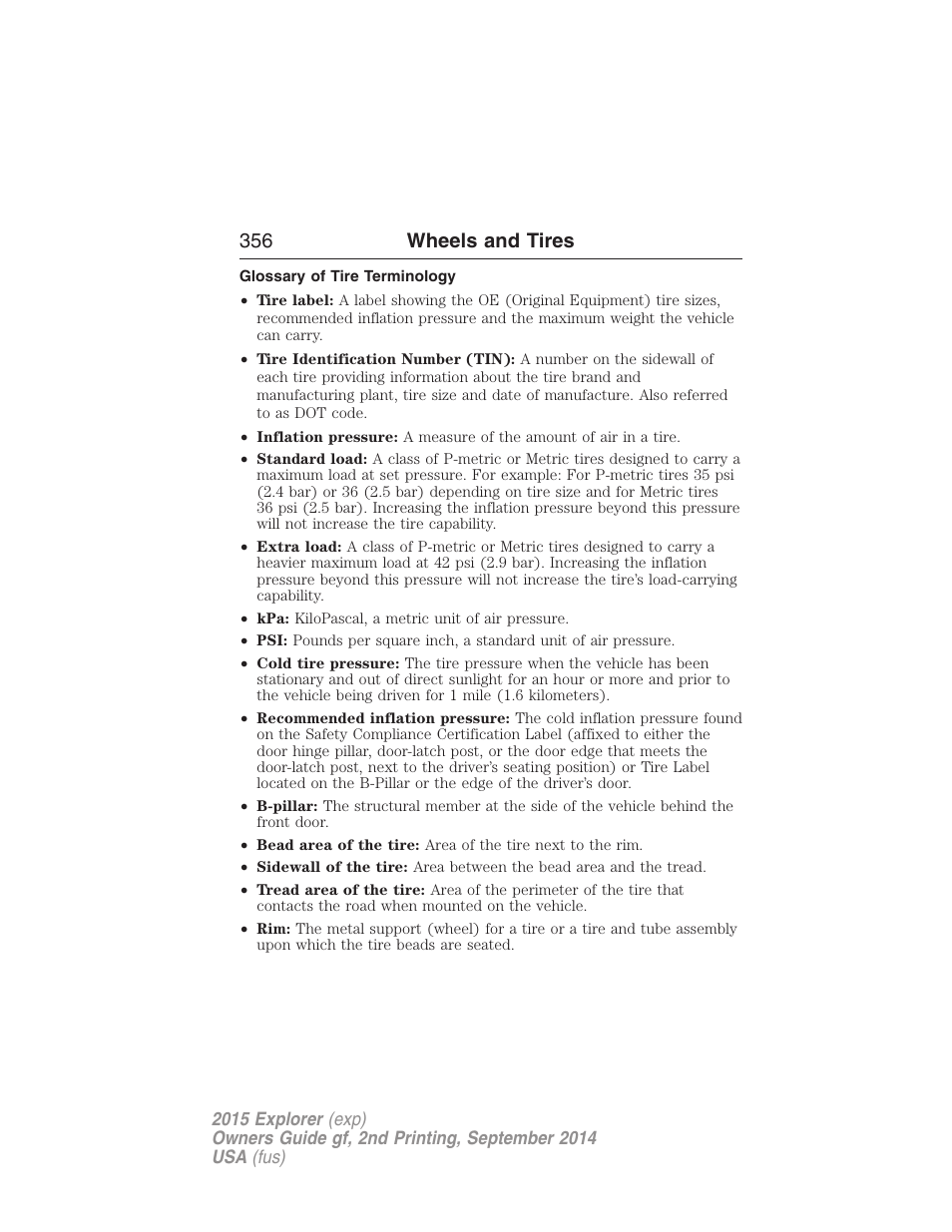 Glossary of tire terminology, 356 wheels and tires | FORD 2015 Explorer User Manual | Page 357 / 596