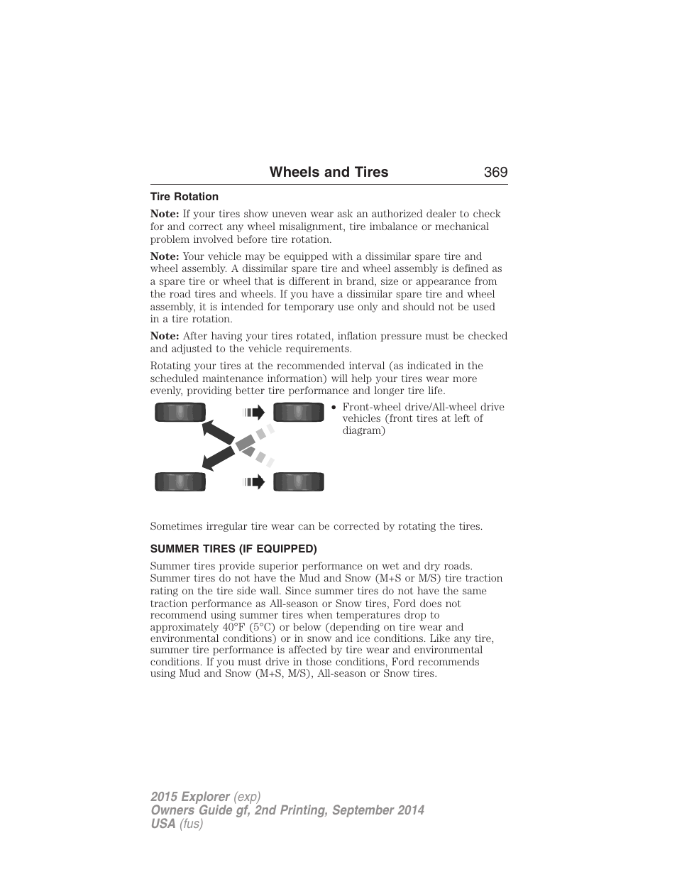 Tire rotation, Summer tires (if equipped), Wheels and tires 369 | FORD 2015 Explorer User Manual | Page 370 / 596